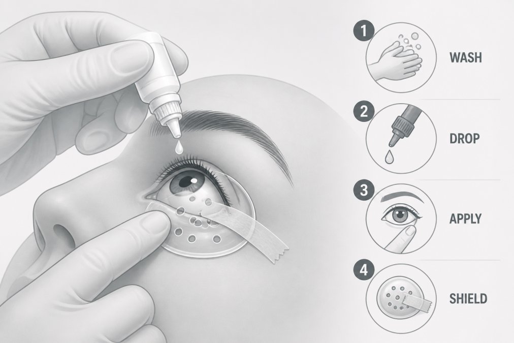 Close-up of hands applying antibiotic eye drops to eye with proper sterile technique, showing the eye shield in place