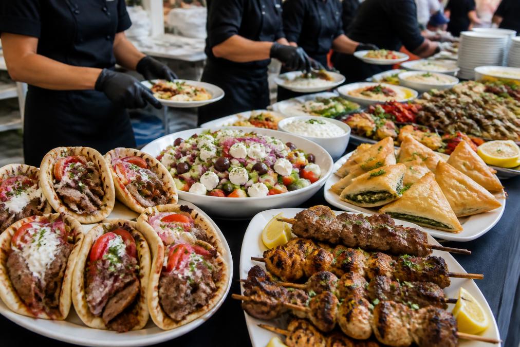 A beautifully arranged Mediterranean catering spread with fresh gyros on warm pita bread, crisp Greek salads with feta cheese and olives, grilled lamb and chicken skewers, traditional spanakopita pastries, and assorted Mediterranean appetizers on white serving platters with fresh herbs and lemon garnishes, professional catering staff in the background plating portions