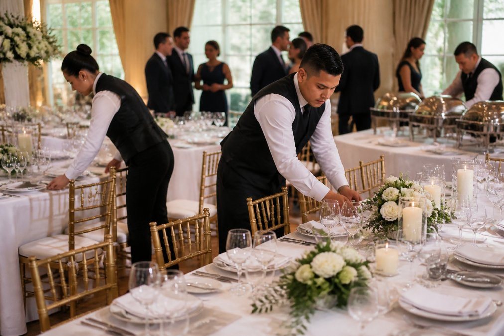 A professional catering team efficiently setting up elegant place settings and food service stations at an event venue, with staff arranging white tablecloths, centerpieces, serving platters, and beverage stations, while guests begin arriving in the background
