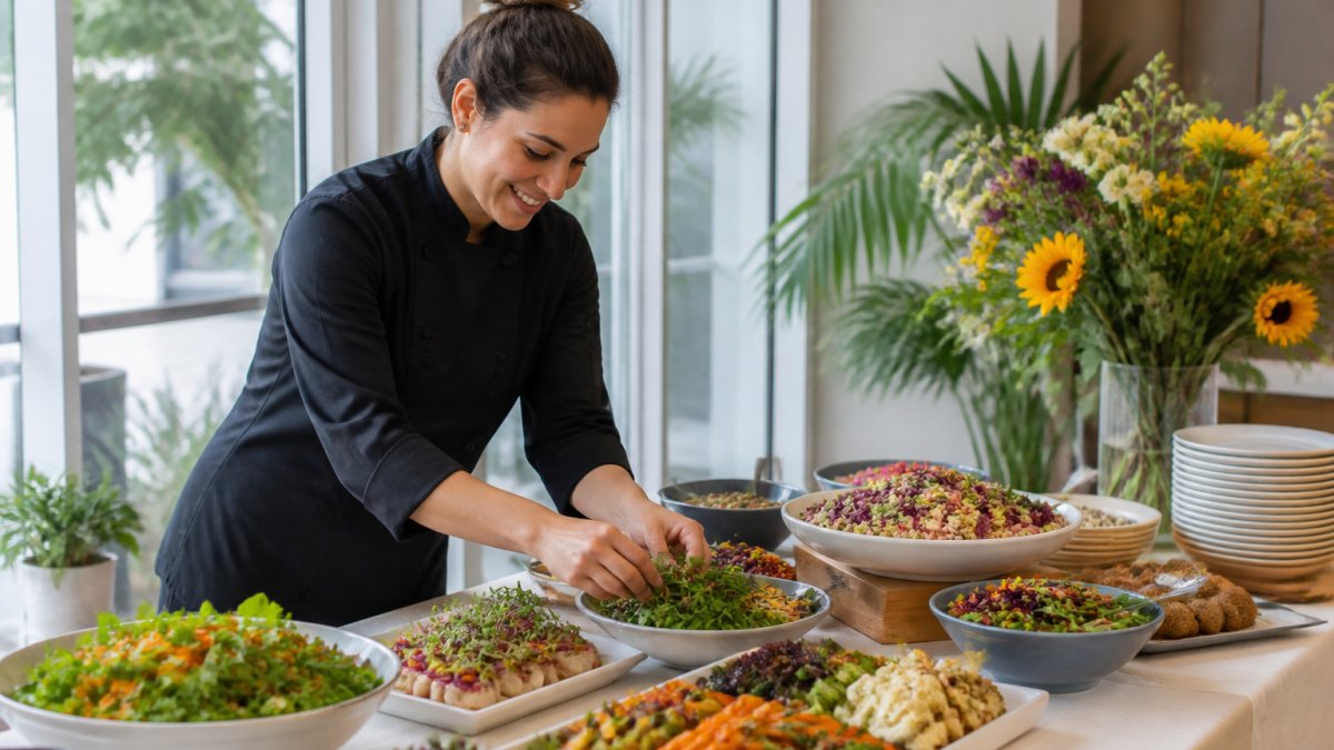 Infographic showing the planning process for vegan and gluten-free catering and menu preparation steps.