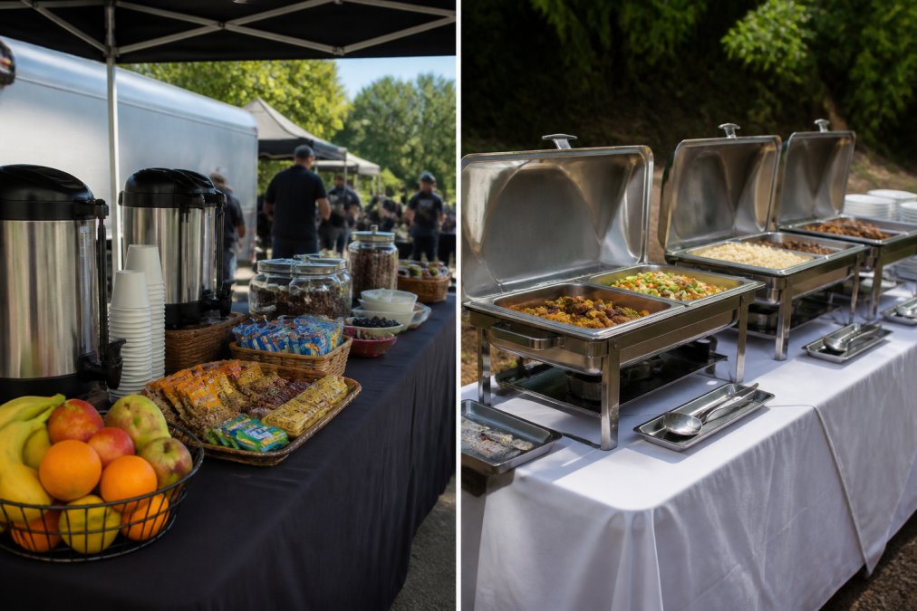 Infographic comparing craft services and film production catering snacks and meal setups