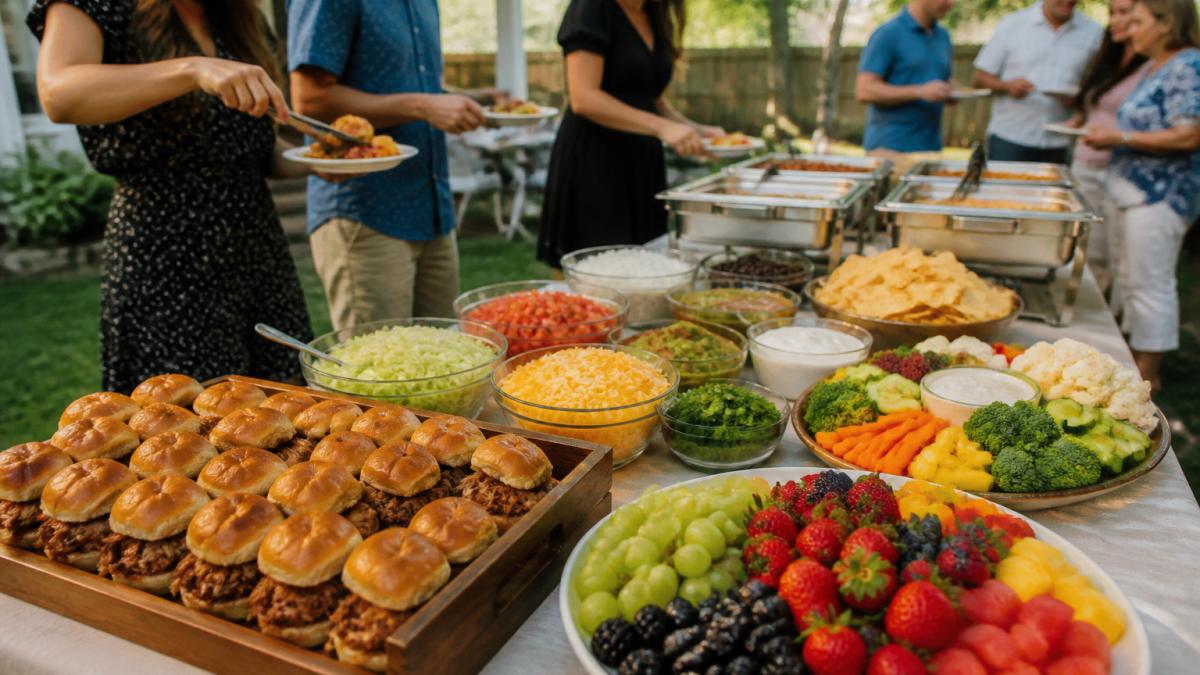 Infographic showing catering for graduation party ideas with a buffet layout of taco bars and pulled pork sliders.