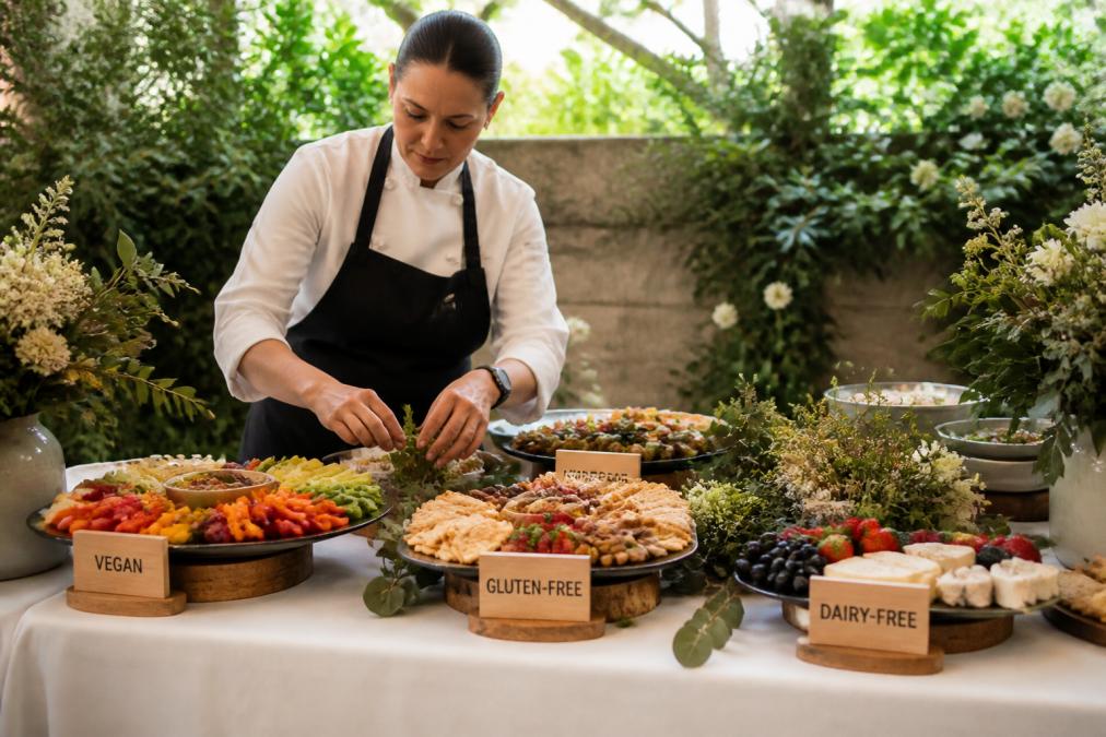 A professional caterer arranging a grazing table with clearly labelled dishes for vegan, gluten-free and dairy-free guests at an elegant Sydney event, natural daylight