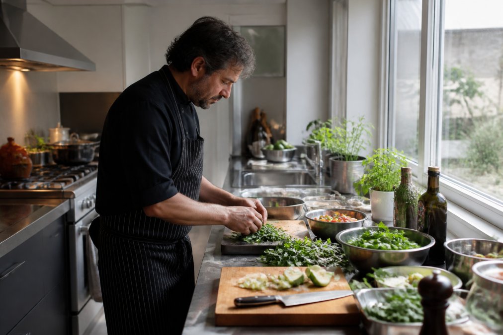 Professional chef efficiently preparing fresh ingredients at a compact kitchen counter with organised prep stations, natural light streaming through window, small workspace optimised for movement