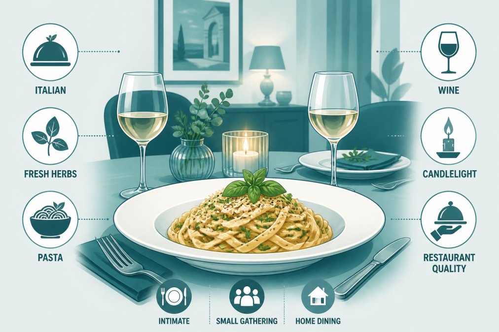 Elegantly plated Italian pasta dish with fresh herbs on white plate, intimate dinner table setting with wine glasses and candlelight, showcasing restaurant-quality presentation in home dining room