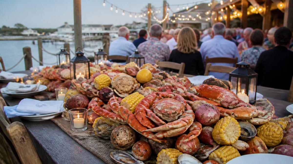 A long wooden table set for a coastal clambake dinner, piled with steamed seafood, corn, and potatoes, with string lights overhead and guests seated in the background