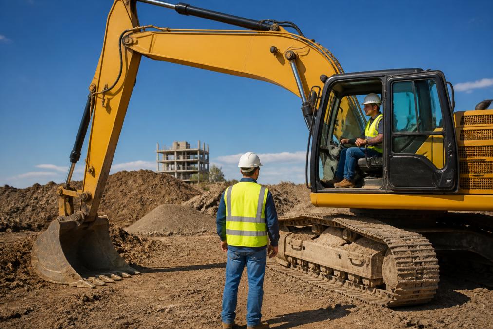Yellow Caterpillar excavator on a construction site with an operator and worker nearby under a clear blue sky