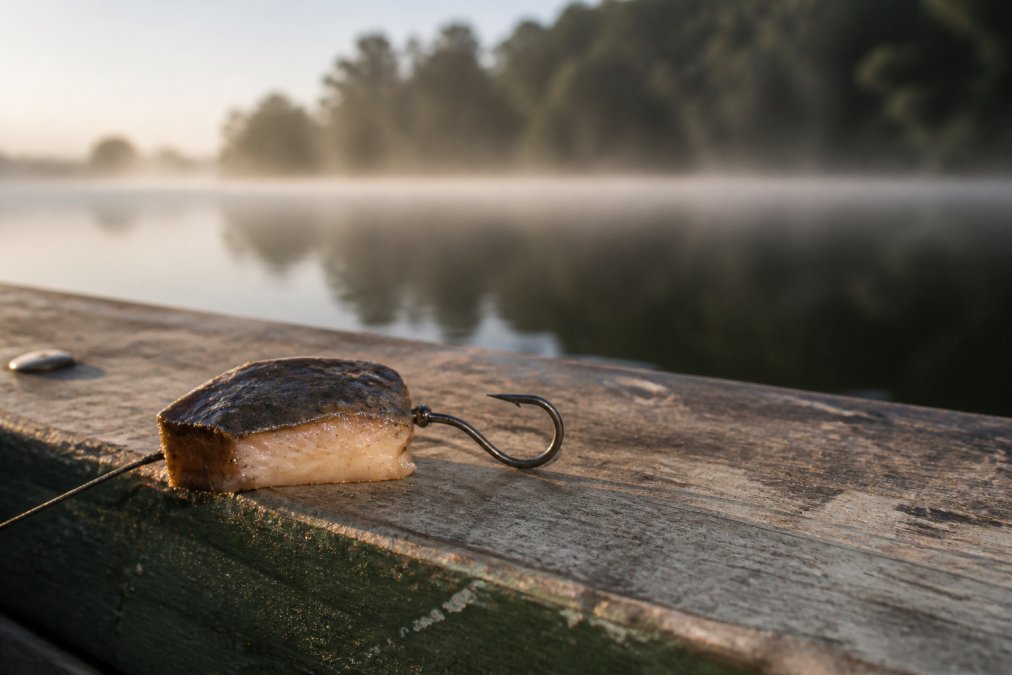 Close-up of a preserved bait chunk threaded on a circle hook resting on a weathered wooden boat gunwale, river and misty treeline blurred in the background, early morning light