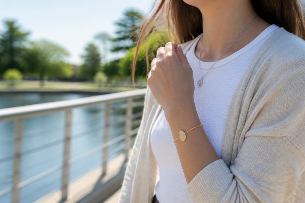 A young adult wearing a delicate gold Miraculous Medal bracelet layered with a simple silver necklace, styled with a casual modern outfit in a bright outdoor setting