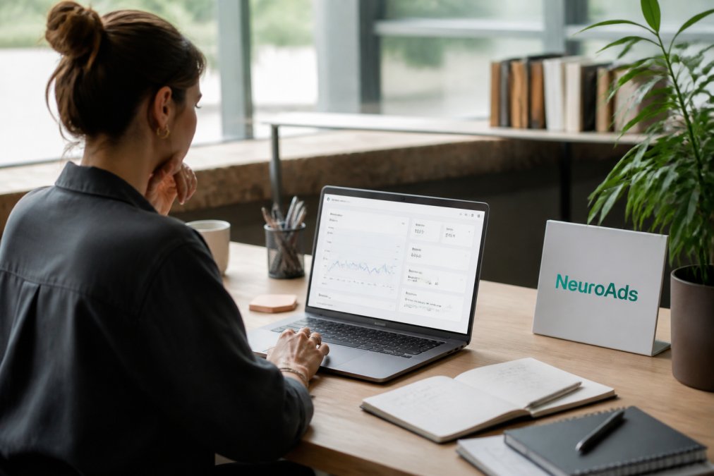E-commerce manager reviewing real-time conversion metrics and customer behavior data on laptop in modern office workspace with natural window lighting
