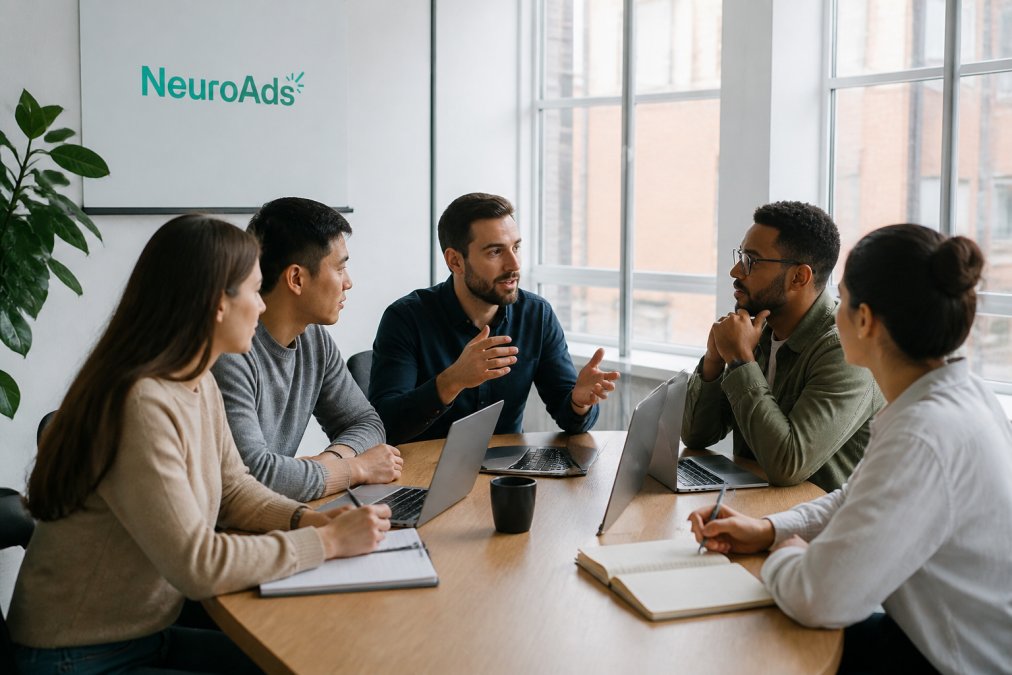 Marketing team reviewing real-time conversion dashboard and discussing strategy around conference table with laptops and notebooks in modern office