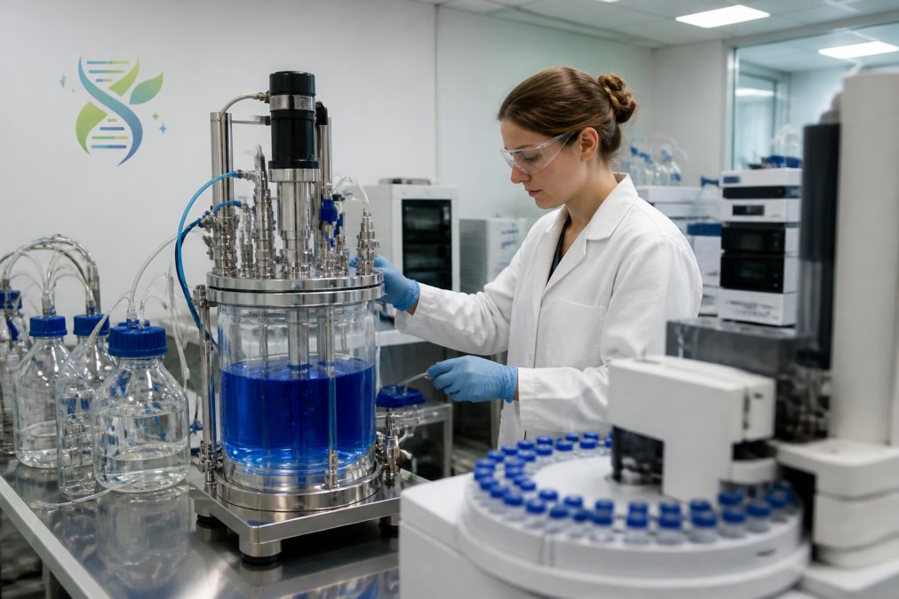 Professional laboratory technician in sterile cleanroom environment conducting peptide synthesis, with precision chromatography equipment, temperature-controlled vessels, and analytical instruments visible in the background