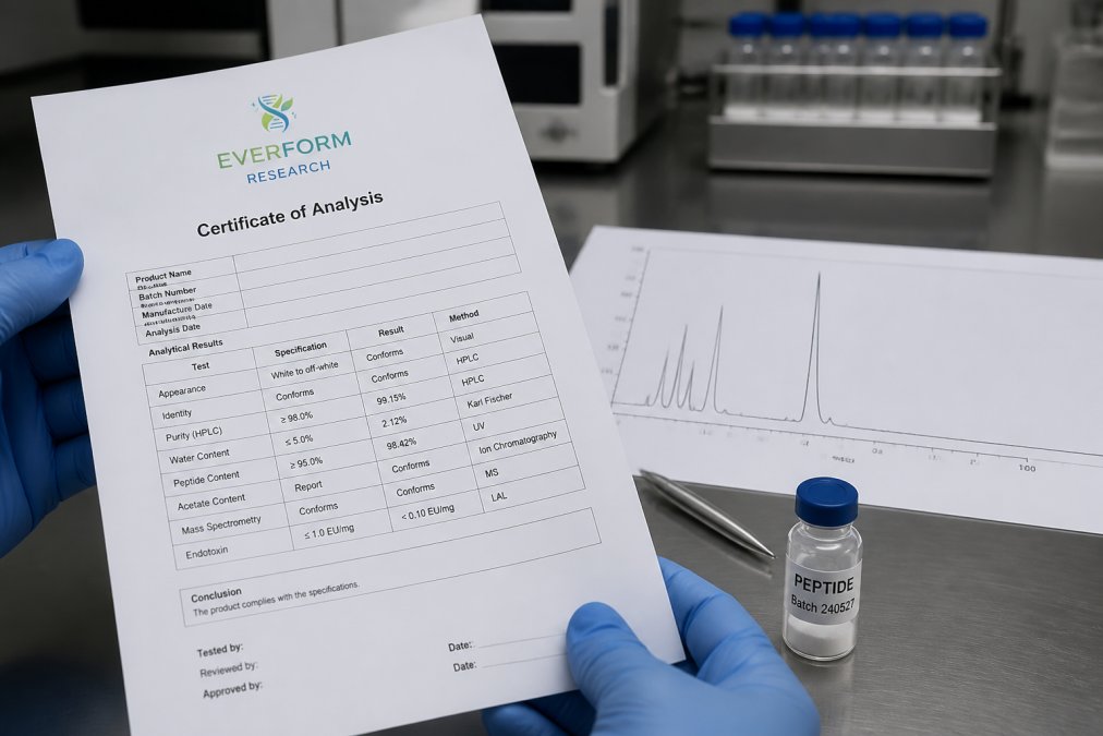Close-up of hands holding a Certificate of Analysis document next to HPLC chromatography printout and peptide vial with batch label in laboratory setting