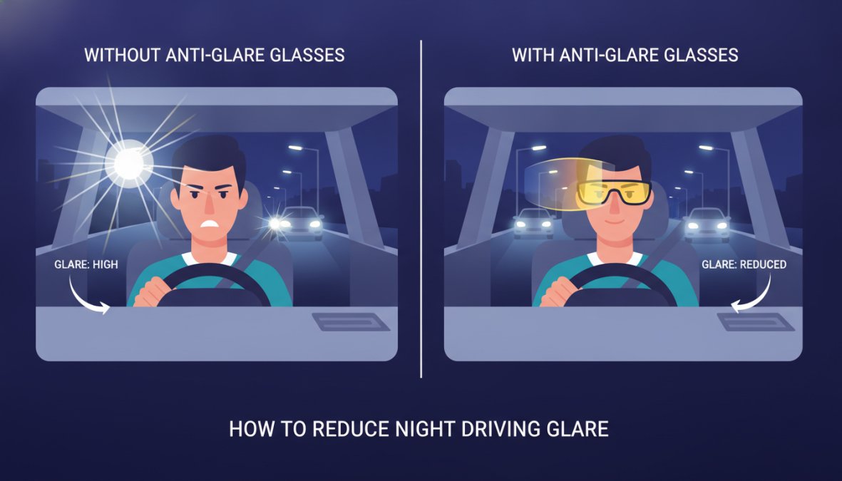 A person wearing anti-reflective prescription glasses seated in the driver's seat of a car at dusk, looking through the windshield at a road with oncoming headlights visible in the distance, interior cabin lit with soft ambient light