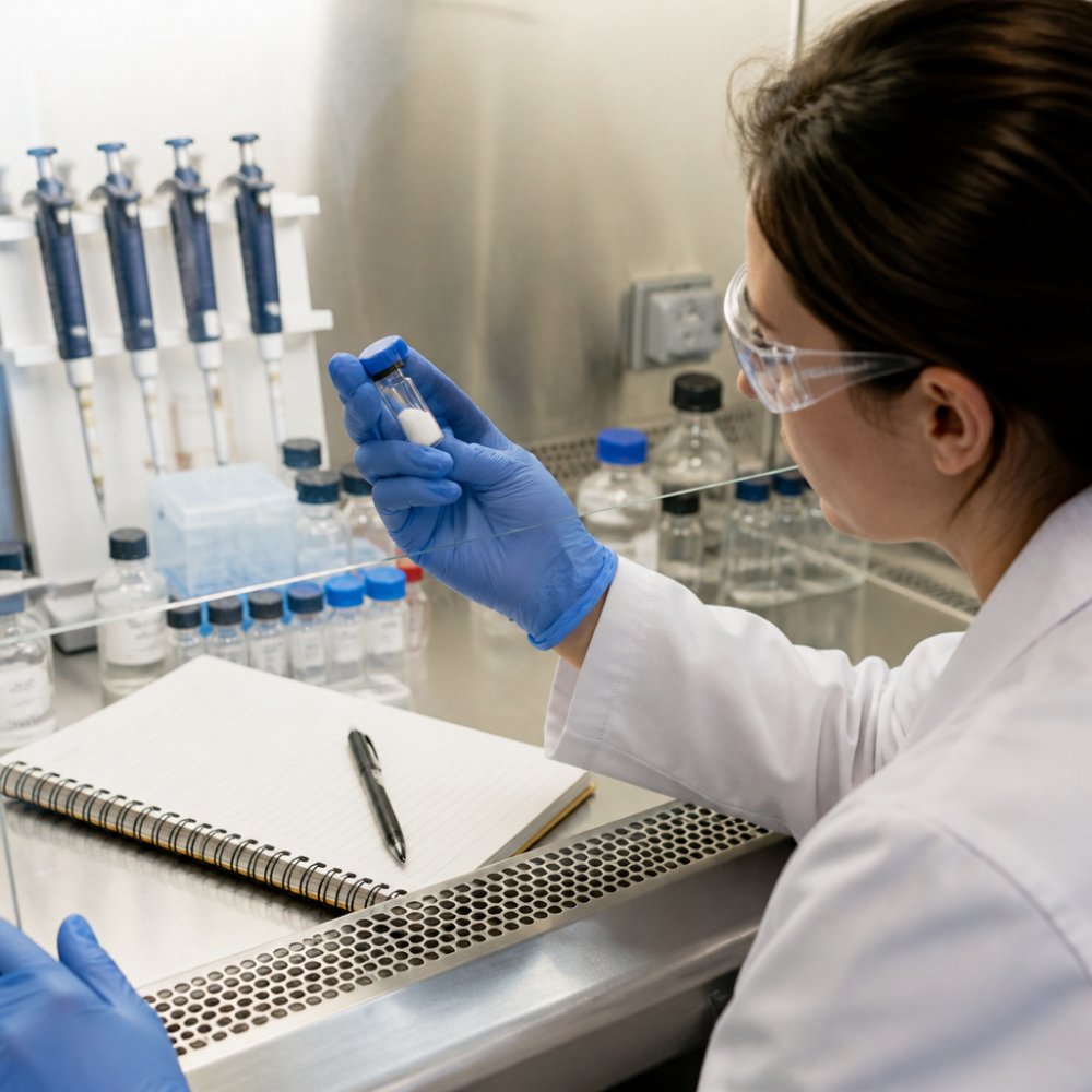Close-up of a scientist in a lab coat examining a vial of lyophilized peptide powder under a fume hood, with a notebook and pen nearby showing notes on sample conditions