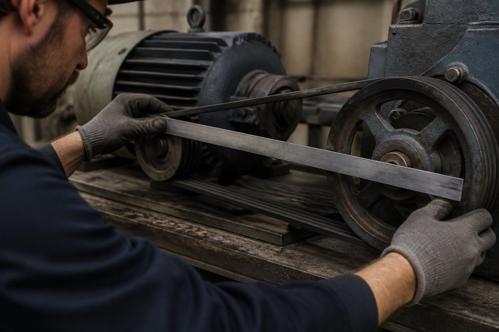 Close-up of a maintenance technician using a straightedge to check pulley alignment on an industrial V-belt drive system, workshop lighting, gloved hands and worn metal sheaves visible