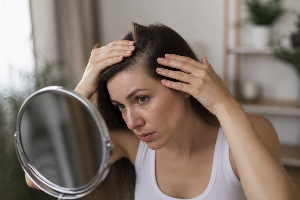 Woman examining her scalp in a mirror to check for signs of scalp inflammation