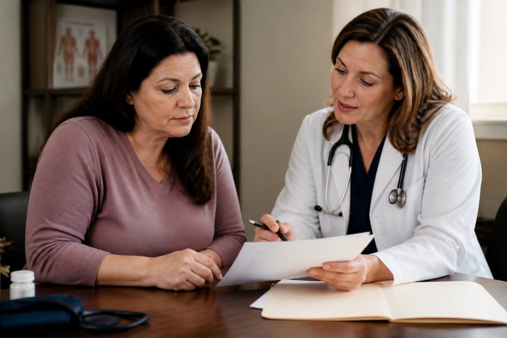 A woman in her 40s sitting across from a female physician in a clinical office, both looking at printed lab results on a desk, warm and professional lighting
