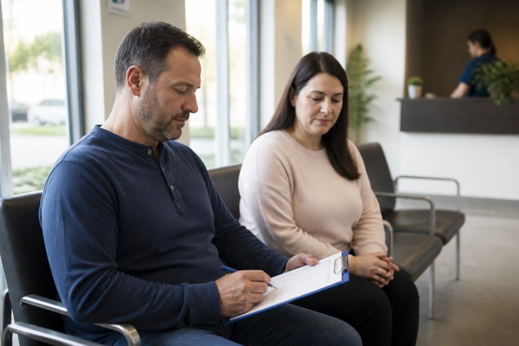 A man and a woman sitting in a bright medical waiting room, the man holding a clipboard with a health questionnaire, looking calm and prepared
