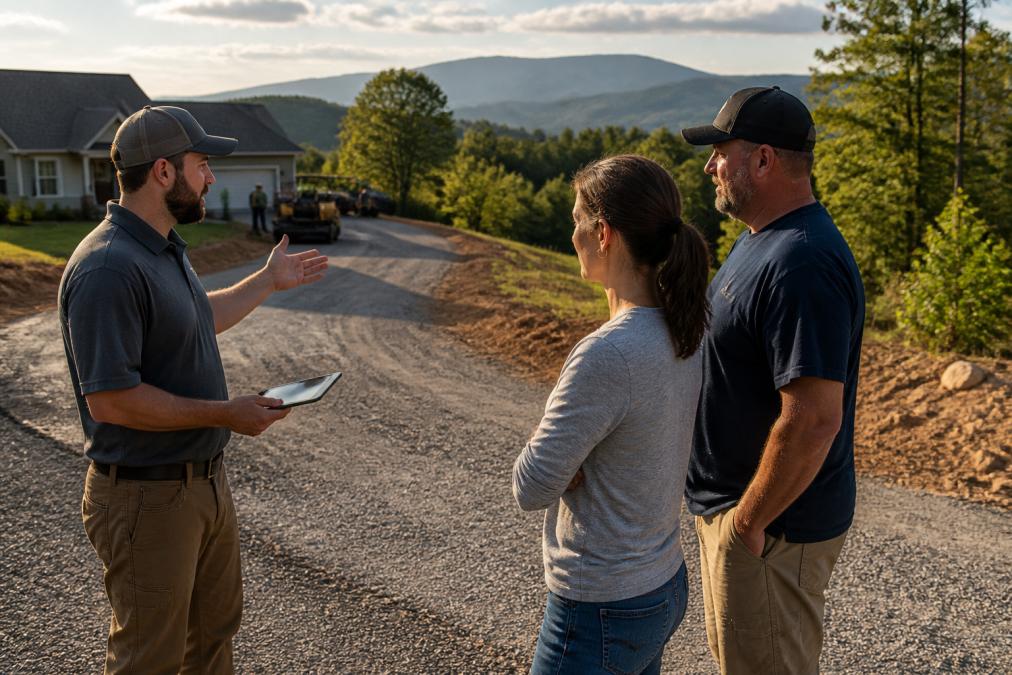 A residential driveway in Cave Spring, VA, transitioning from a cleared gravel path to a fresh paved surface, with the Blue Ridge Mountains hazy in the background under late afternoon light