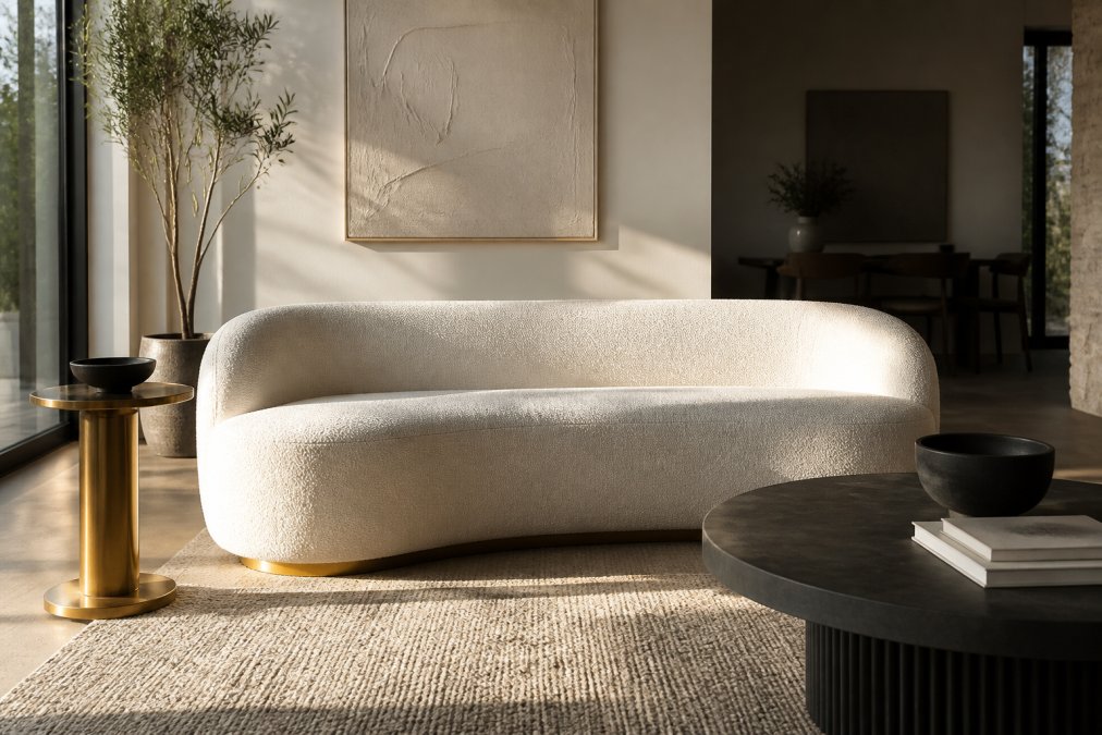 A styled contemporary living room featuring a sculptural boucle sofa as the focal point, flanked by a brass side table and layered wool textiles, photographed in warm afternoon natural light streaming through floor-to-ceiling windows