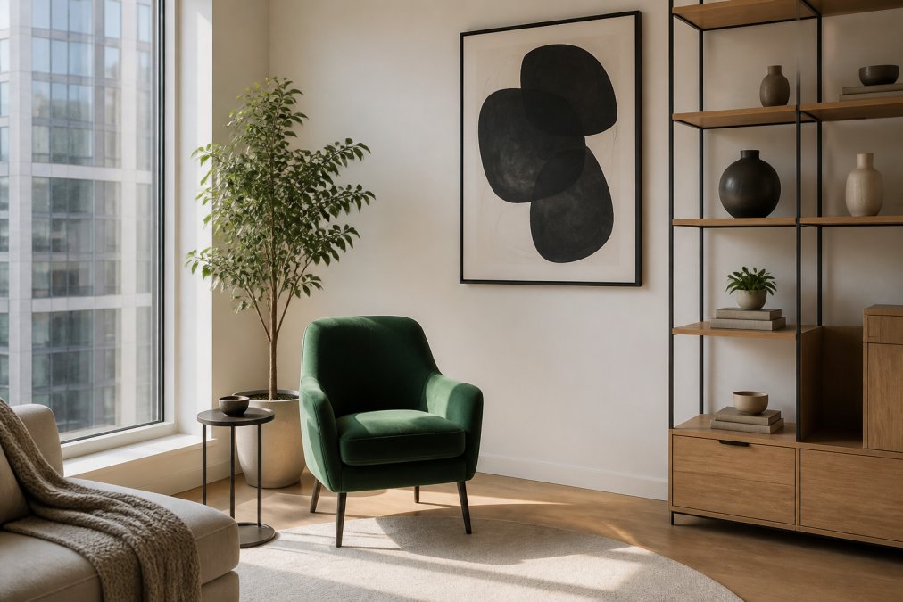 A compact urban apartment living room with a single bold emerald green accent chair positioned near a window, paired with a minimal modular shelving unit in natural oak, the room styled with a single large-format art print on a white wall, photographed in bright morning light