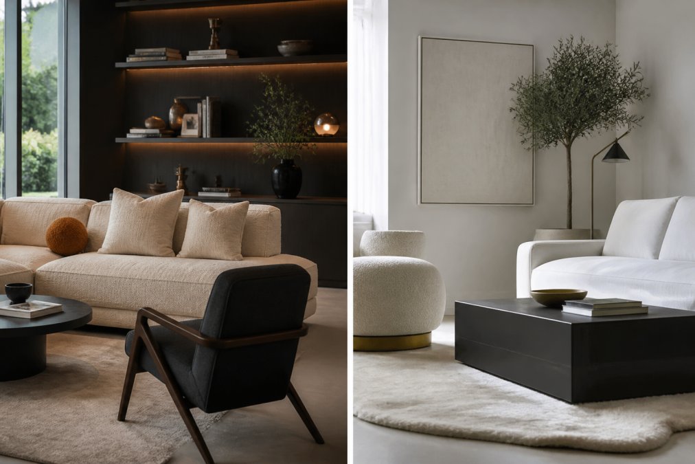 Modern living room featuring contemporary home decor with textured cream and charcoal upholstery, a sculptural accent chair with mid-century modern legs, warm ambient lighting highlighting curated statement pieces on floating shelves
