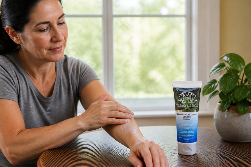 Person's hands applying CBD lotion to their wrist and forearm area with gentle circular motions, showing relaxed facial expression in natural daylight from a window