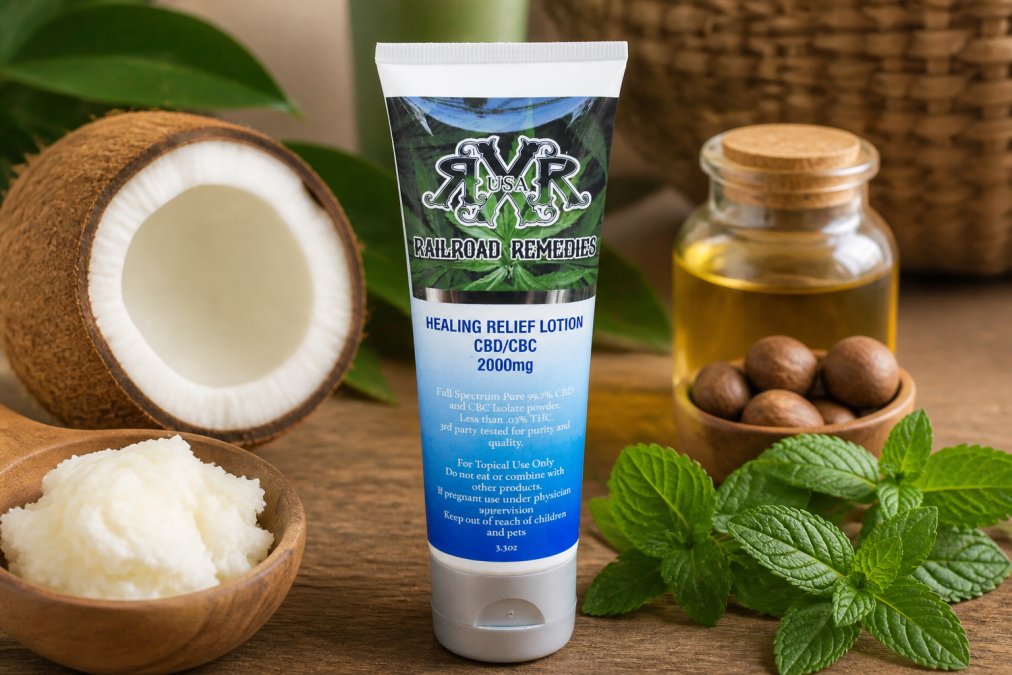 Close-up of a premium CBD lotion bottle with clear labeling displayed on a natural wooden surface, surrounded by organic ingredients including coconut oil, shea butter, and fresh peppermint leaves in soft natural lighting