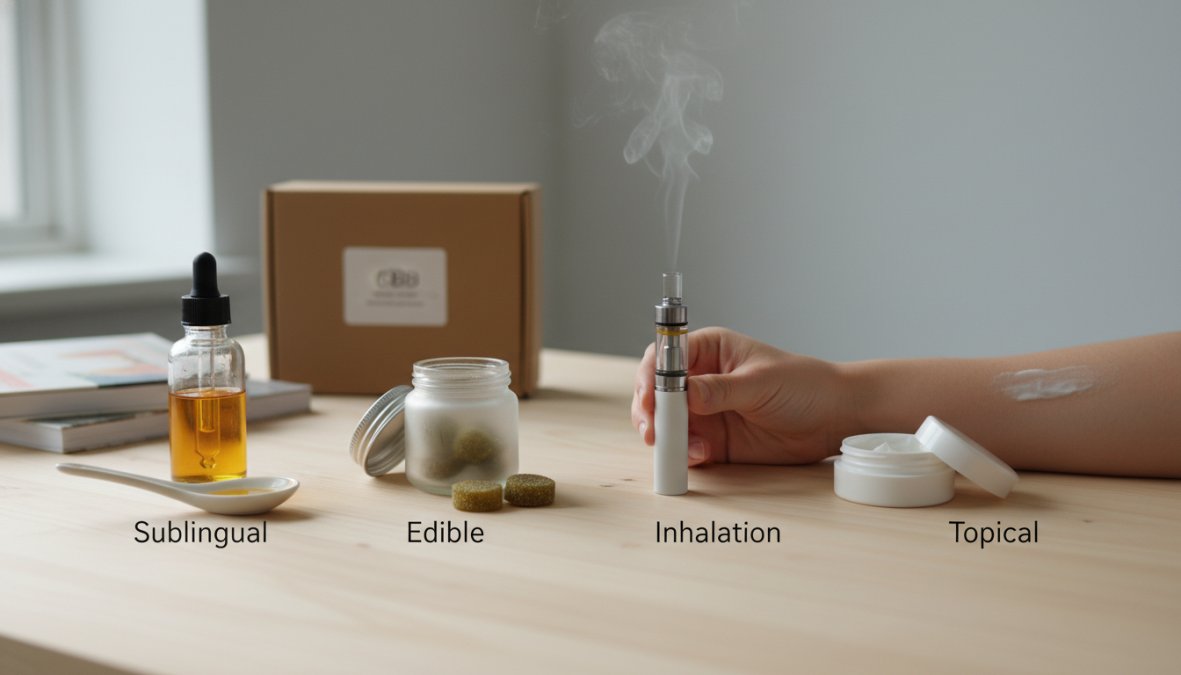 Flat lay of various CBD delivery formats arranged on a clean white surface: a glass dropper bottle of CBD oil, a small jar of topical cream, a blister pack of soft gels, and a bag of gummies, with soft natural lighting