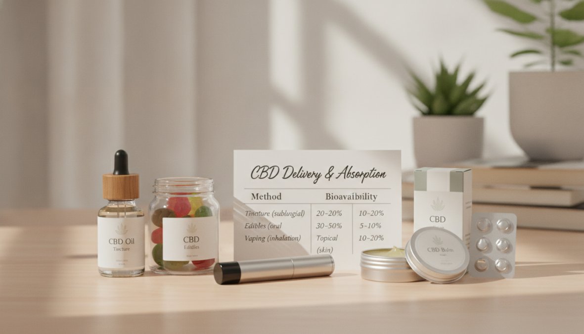Close-up of various CBD product forms including amber tincture bottle with dropper, soft gel capsules, gummy candies, and white topical freeze gel in a glass jar arranged on clean white marble surface with natural window lighting