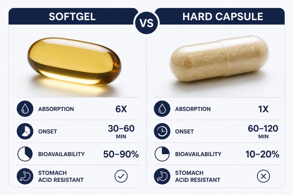 Close-up of CBD softgel and hard capsule side by side on a clean white surface with natural lighting, showing the visual difference in capsule shells and texture