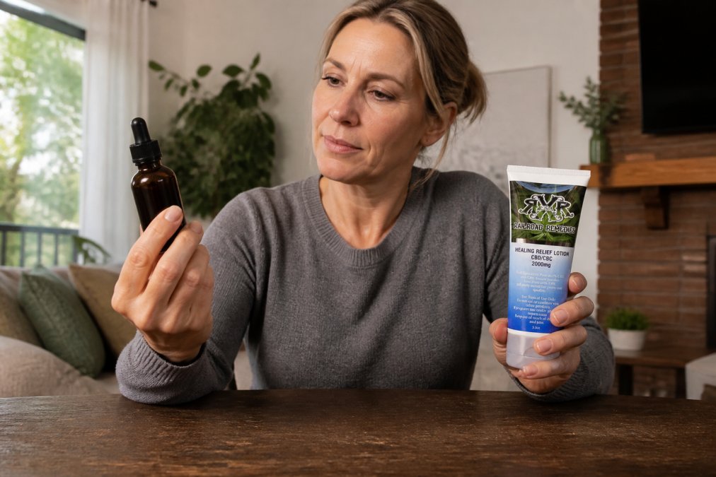 Adult in comfortable home setting holding a CBD tincture bottle in one hand and a cream jar in the other, thoughtfully considering treatment options on a wooden table with natural afternoon light