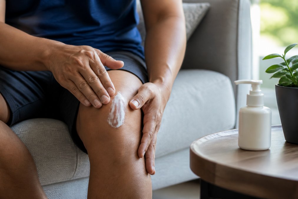 Diagram showing a daily routine for CBD dosage application on a knee using topical lotion