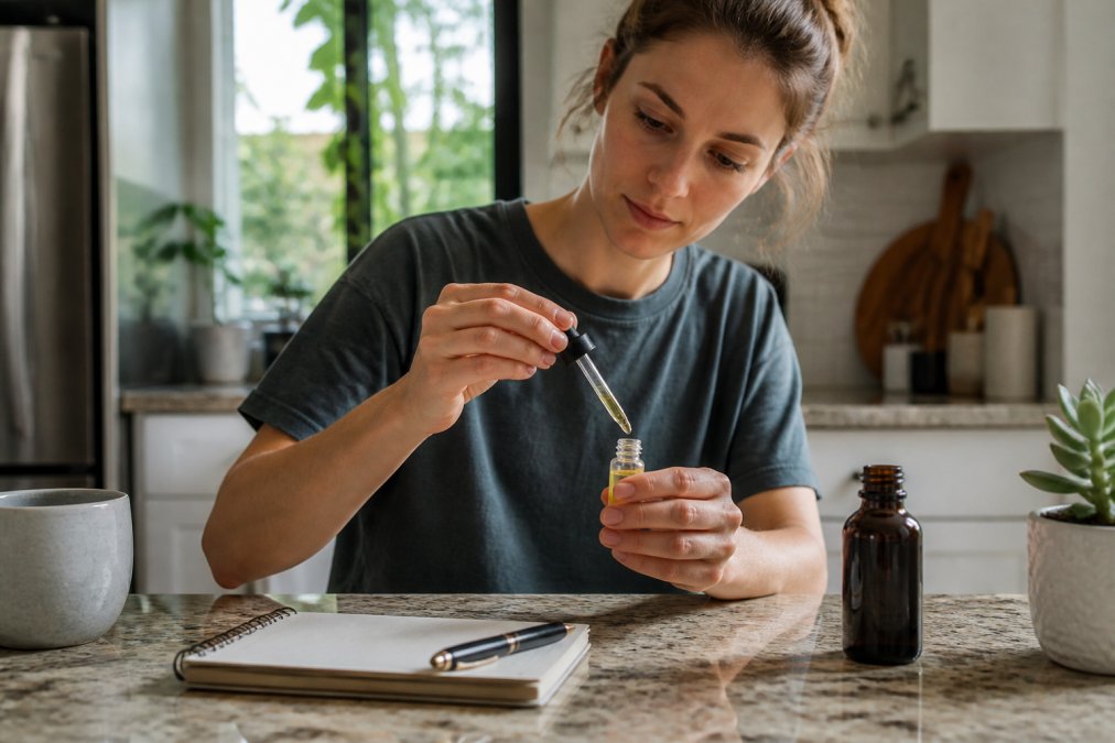 A person at a kitchen counter carefully measuring CBD oil from a tincture bottle into a small glass dropper, with a notebook and pen nearby for tracking doses, soft natural morning light