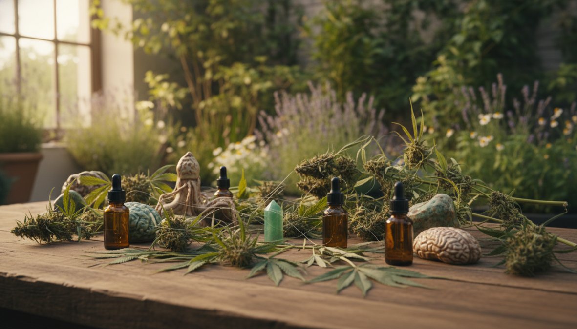 Close-up of a person holding a small CBD oil tincture dropper near their mouth in a calm, softly lit wellness setting with plants in the background, warm natural light