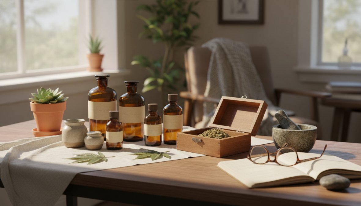 Flat-lay arrangement of various CBD wellness products including a tincture bottle, gummies, soft gel capsules, and a printed lab report on a clean white surface with soft natural lighting
