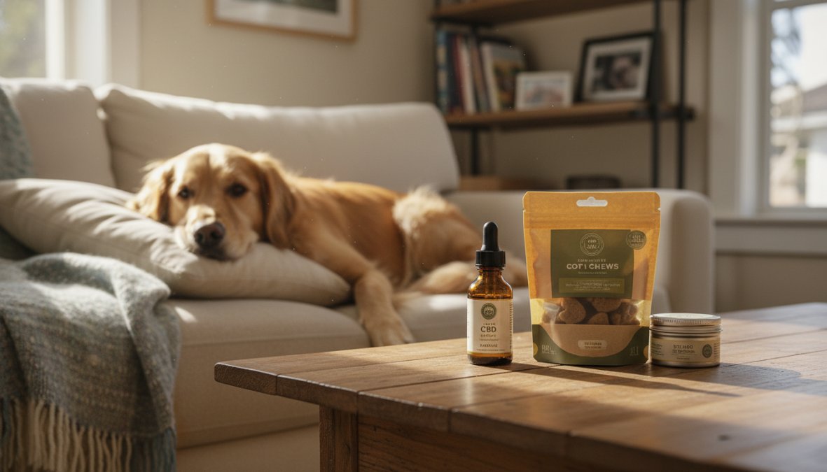 A calm golden retriever sitting on a beige couch next to a small amber [CBD oil](/cbd-oil-for-pet-anxiety-reviews/) dropper bottle and a pile of soft chew treats arranged on a wooden cutting board, warm natural window light illuminating the scene