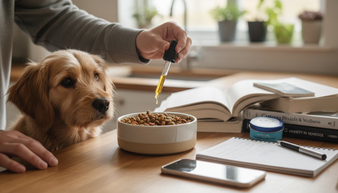 A middle-aged woman carefully measuring CBD oil drops into a small dropper over a stainless steel dog bowl on a bright kitchen counter, with a small brown terrier watching attentively in the foreground