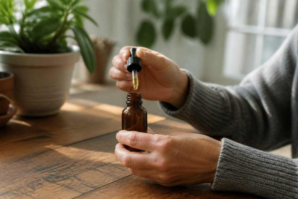 Close-up of hands holding a CBD oil bottle with dropper against a warm, naturally lit home interior with wooden surfaces and plants