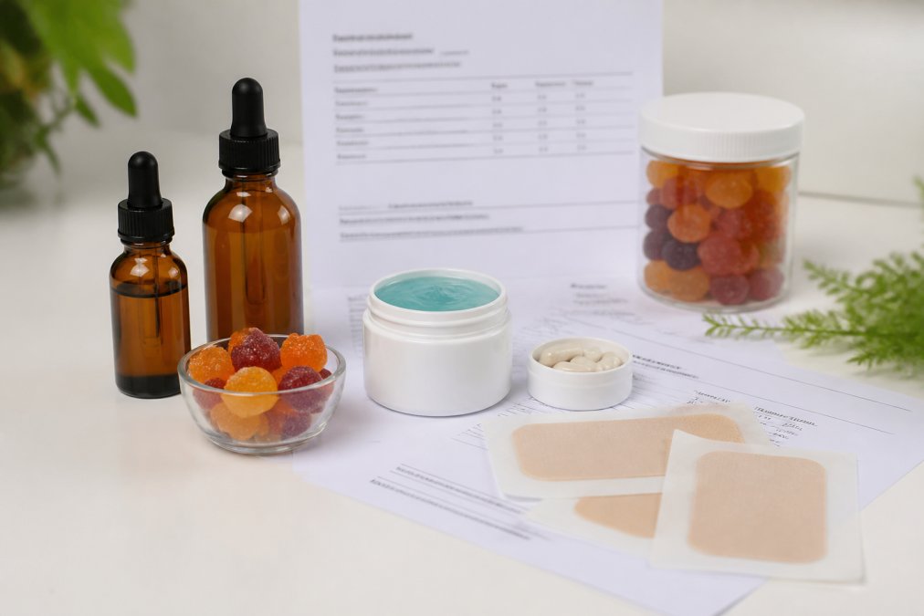 Arranged collection of CBD products including amber glass bottles of oil, gummies in a container, topical freeze gel jar, and pain patches on white background with third-party lab testing documentation visible