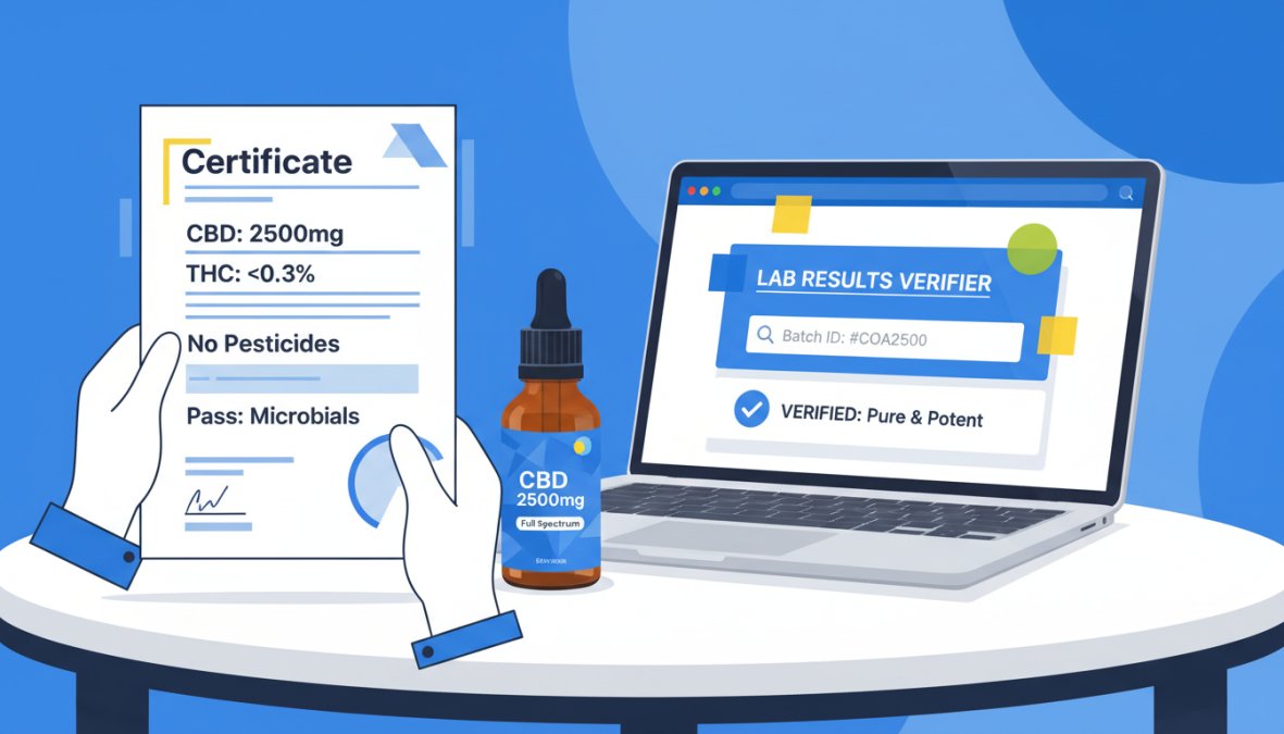 Hands holding a printed Certificate of Analysis lab report next to an amber CBD oil tincture bottle on a clean white table, laptop open in the background showing a lab testing website