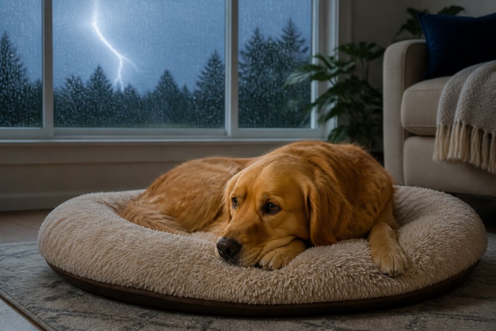 A calm golden retriever resting on a plush dog bed in a cozy living room, while rain streaks and a flash of lightning are visible through the large window behind it