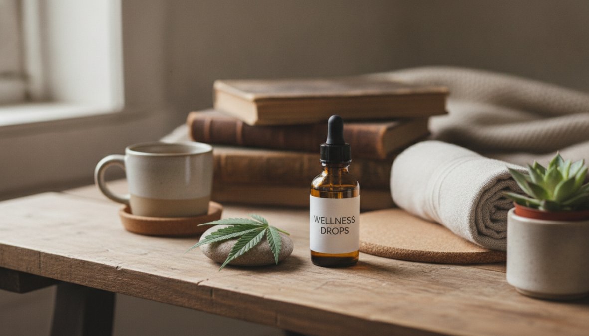 Close-up of a glass CBD tincture bottle with a wooden dropper resting on fresh hemp leaves, placed on a warm-toned natural wooden surface in soft morning light
