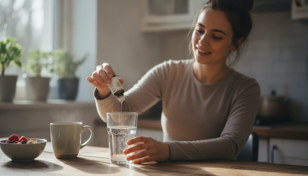 A woman in a calm, sunlit kitchen holding a small glass dropper of CBD oil over a glass of water, with a wellness journal, fresh fruit, and a yoga mat visible in the background