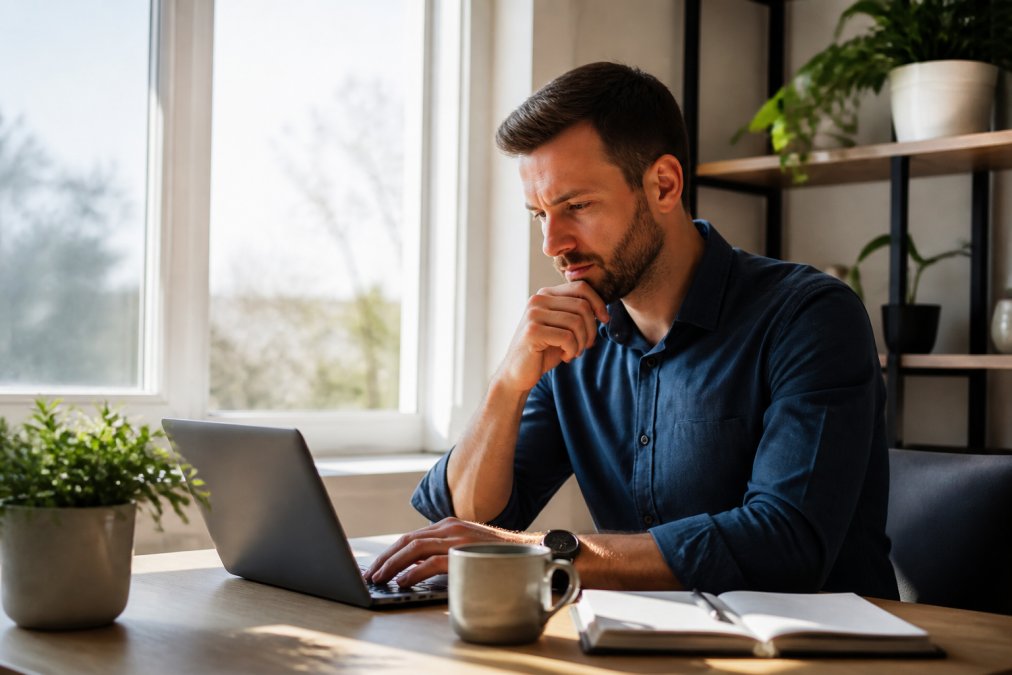 Person sitting at a clean desk with morning coffee, looking alert and focused while working on a laptop in bright natural daylight streaming through a window