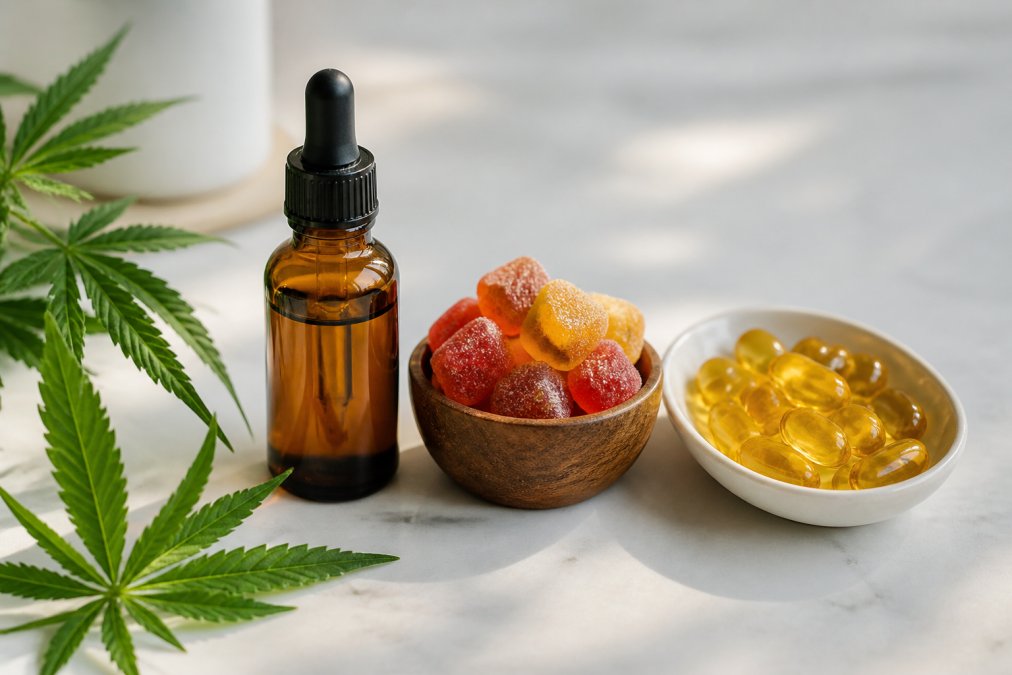Close-up of CBD oil tincture bottle, gummies, and soft gel capsules arranged on a clean white surface with fresh hemp leaf and natural lighting