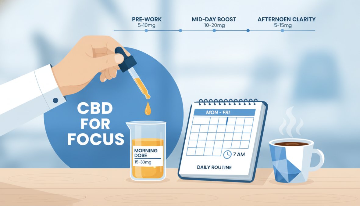 Close-up of a person's hand holding a CBD oil dropper over a small glass, a daily planner open to a weekly schedule and a morning coffee cup visible in the background on a warm wooden table, soft morning light from a nearby window