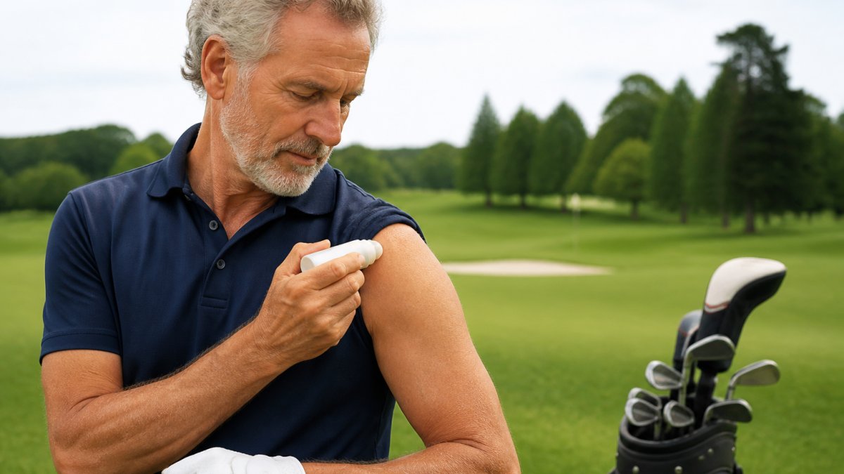 Mature golfer applying topical CBD therapy stick to shoulder or wrist on the course, showing ease of use and targeted relief