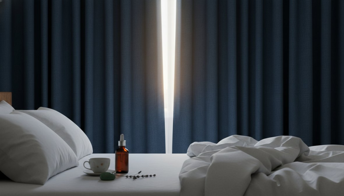 Person sleeping peacefully in a dimly lit bedroom, soft natural light filtering through sheer white curtains, white bedding neatly arranged, calm and restful atmosphere